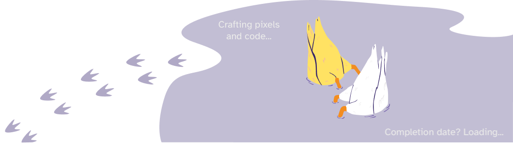 Two diving ducks near a sign that reads 'Crafting pixels and code ... Completion date? Loading ...' indicating the site is under construction.